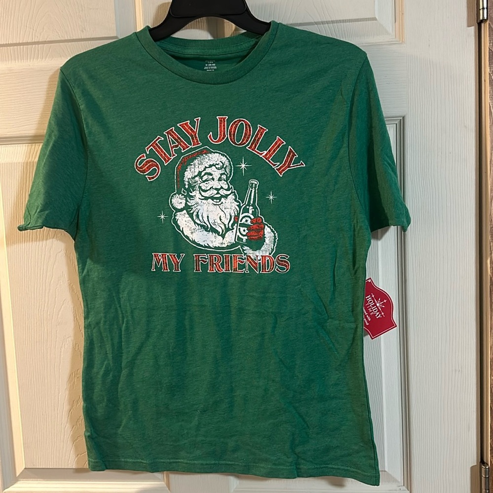 HOLIDAY TIME STAY JOLLY SANTA TEE: GREEN: NEW WITH TAGS: SIZE S